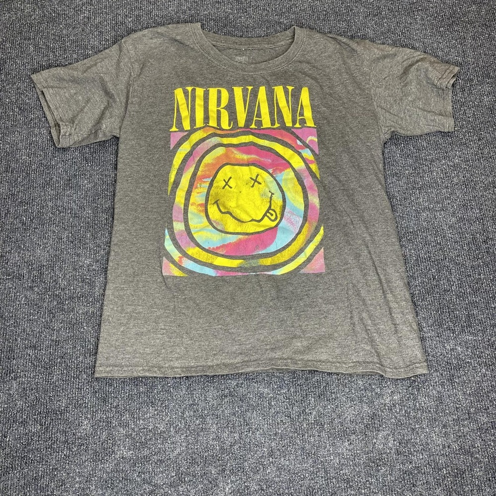 Nirvana Shirt Mens XS Gray Multicolor Smiley Face Logo Graphic Band Rock Tee